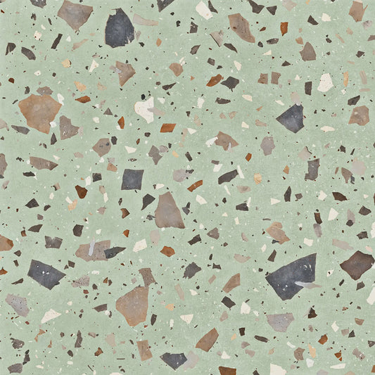 Pebble Green Natural 99.55x99.55 – Eksklusiv grøn terrazzo flise til gulv & væg | Flisebutik.dk