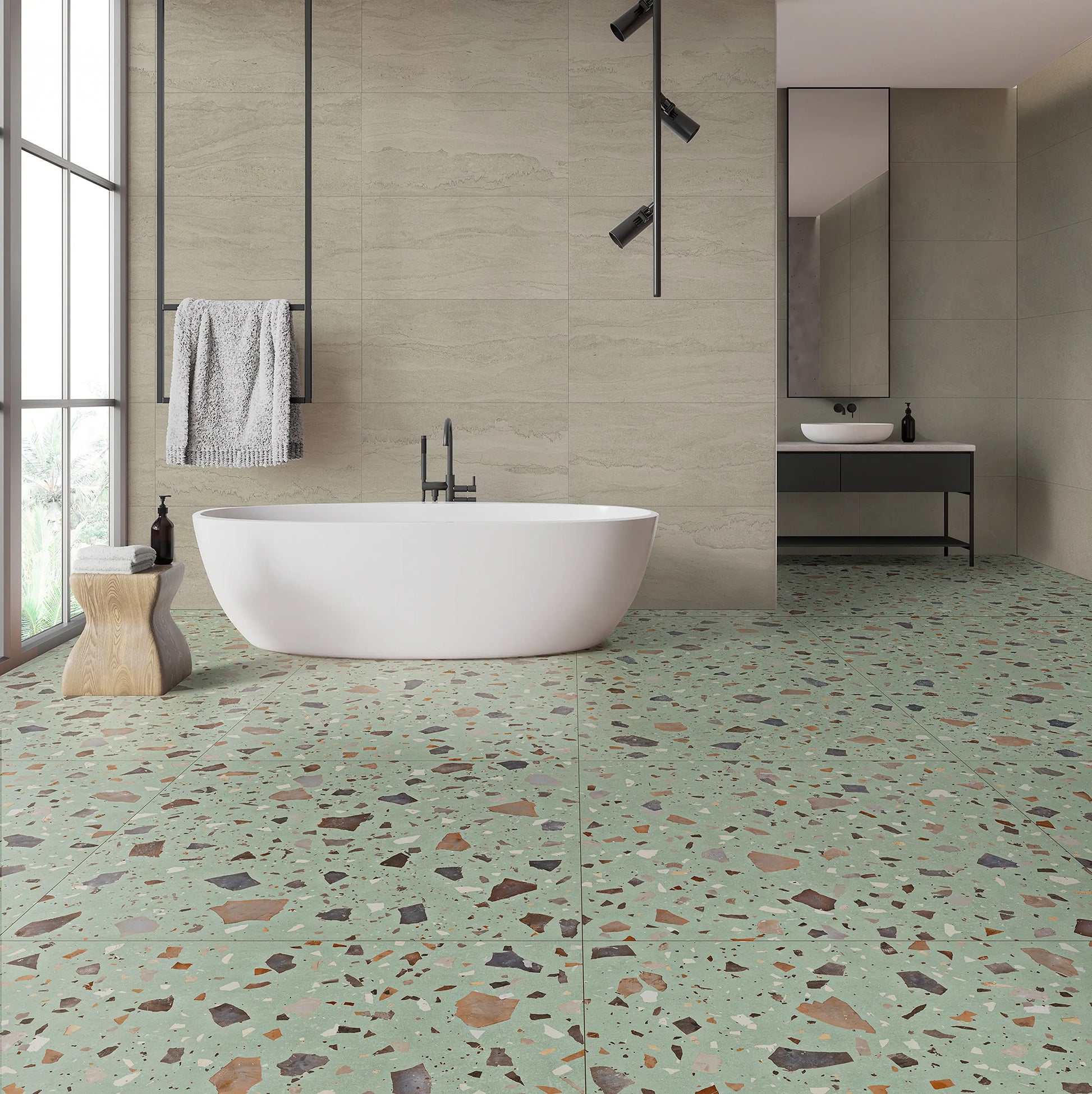 Grøn terrazzo flise 99.55x99.55 – Stilfuldt design & skridsikker overflade